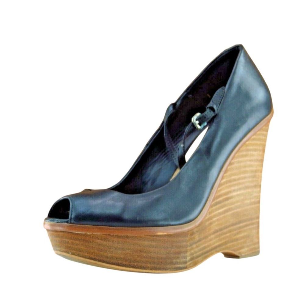 Zara‎ Size 40 M Black Open Toe Wedge Leather Women